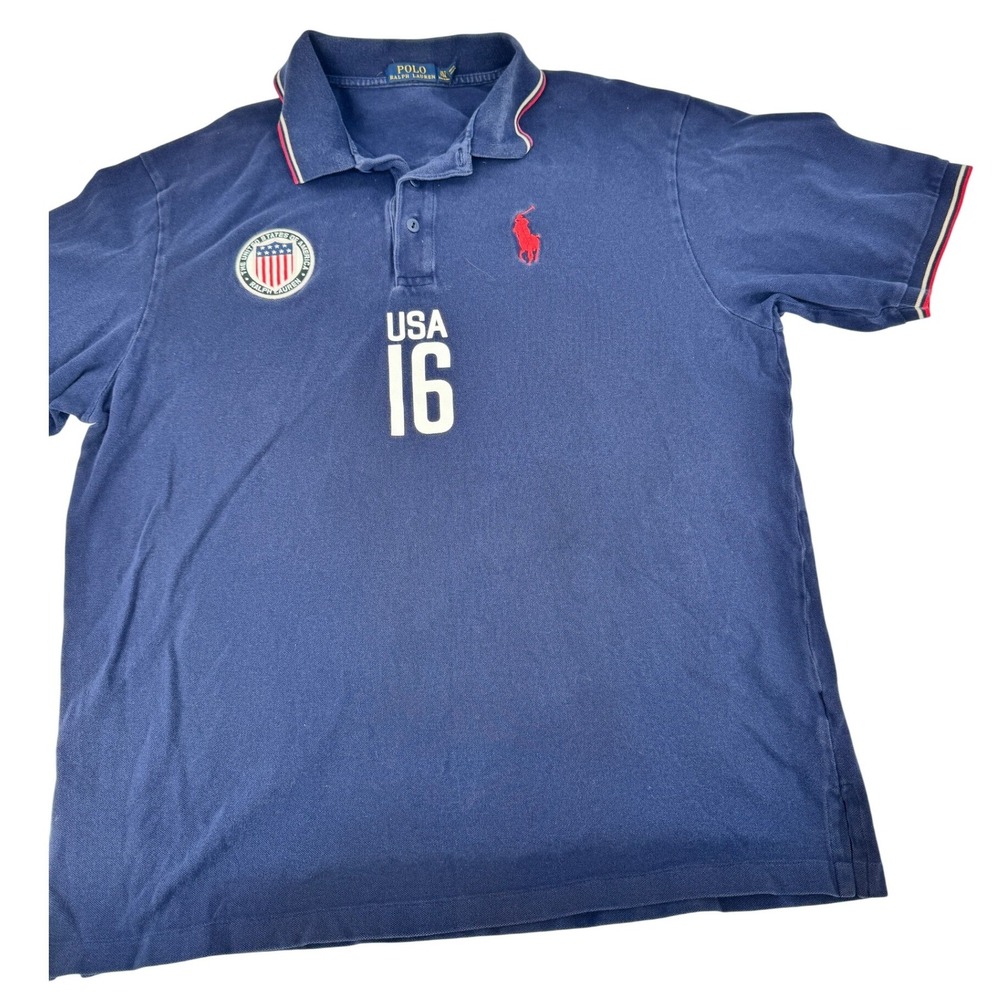 Polo Ralph Lauren Polo Shirt XLT Navy USA 16 Olympic Logo Back Pony